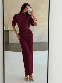 Aloruh New Solid Color Versatile Elegant Intellectual Minimalist Office Commute Ruched Decor Loose Top Tight Skirt Long Sleeve Midi Dress - Burgundy - View 6