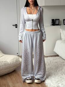 StreetHx Y2K Punk Style Leopard Print Patchwork Hooded Zip-Up Jacket & Gradient Leopard Side Studded Wide Leg Floor-Length Sweatpants 2 Pieces Set - Multicolor - View 1