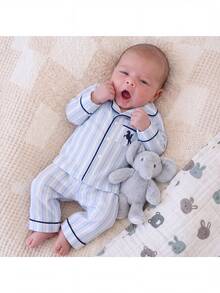 SHEIN Newborn Baby Boy Two-Tone Striped Fabric Collared Contrast Trim Animal Print Patch Pocket Button-Up Loose Top And Casual Straight Leg Pants Set, Suitable For Winter - Blue - View 6