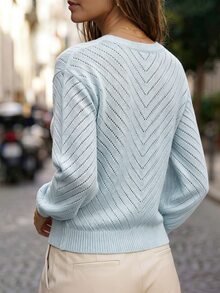 SHEIN كنزة نسائية بلون موحد كاجوال متعددة الاستخدامات للارتداء اليومي بأكمام طويلة - أزرق سماوي - مشاهدة 4