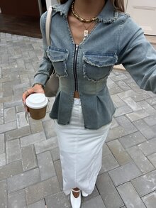 Livesso Women's Light Blue Washed Distressed Collar Zipper Pocket Raw Hem Cinched Waist Slim Fit Long Sleeve Denim Jacket - Blue - View 7