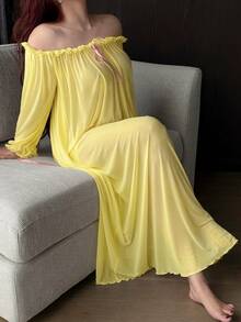 Dazy Plus Plus Size Women's Sexy Sheer Mesh Off-Shoulder Ruffle Hem Long Nightgown, Comfortable Home Dress For Spring & Summer Pajamas - Yellow - View 4