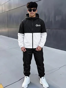 SHEIN 2件組青少年男孩休閒運動字母印花拼接配色連帽外套與長褲套裝，適合通勤、上學、日常休閒、度假、旅行、運動，秋冬季節穿搭，秋季服飾 - 黑與白 - 查看 4