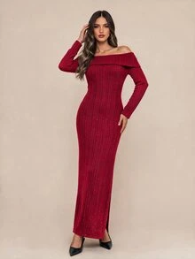 Amorya Women's Off-Shoulder Long Sleeve Sweater Dress - Red - View 5
