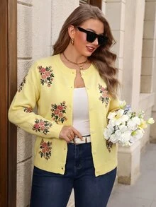 EMERY ROSE Plus Size Women's New Fashion Printed Thin Knit Cardigan, Casual Versatile Lightweight Jacket For Spring And Autumn - Light Yellow - View 3