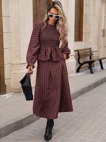 Brillora Brown Striped Top And Skirt 2 Pieces Set - Burgundy - View 7