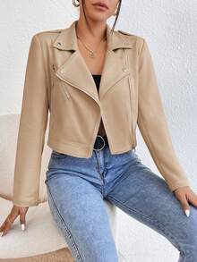 SHEIN 女款純色西裝領前開拉鍊鈕扣裝飾時尚休閒夾克 - 杏色 - 查看 4