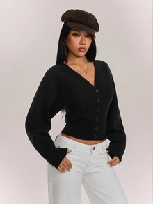 SHEIN PETITE Women's Solid Color Button Fitted Waist Knit Cardigan, Casual Everyday Wear, Autumn/Winter - Black - View 4