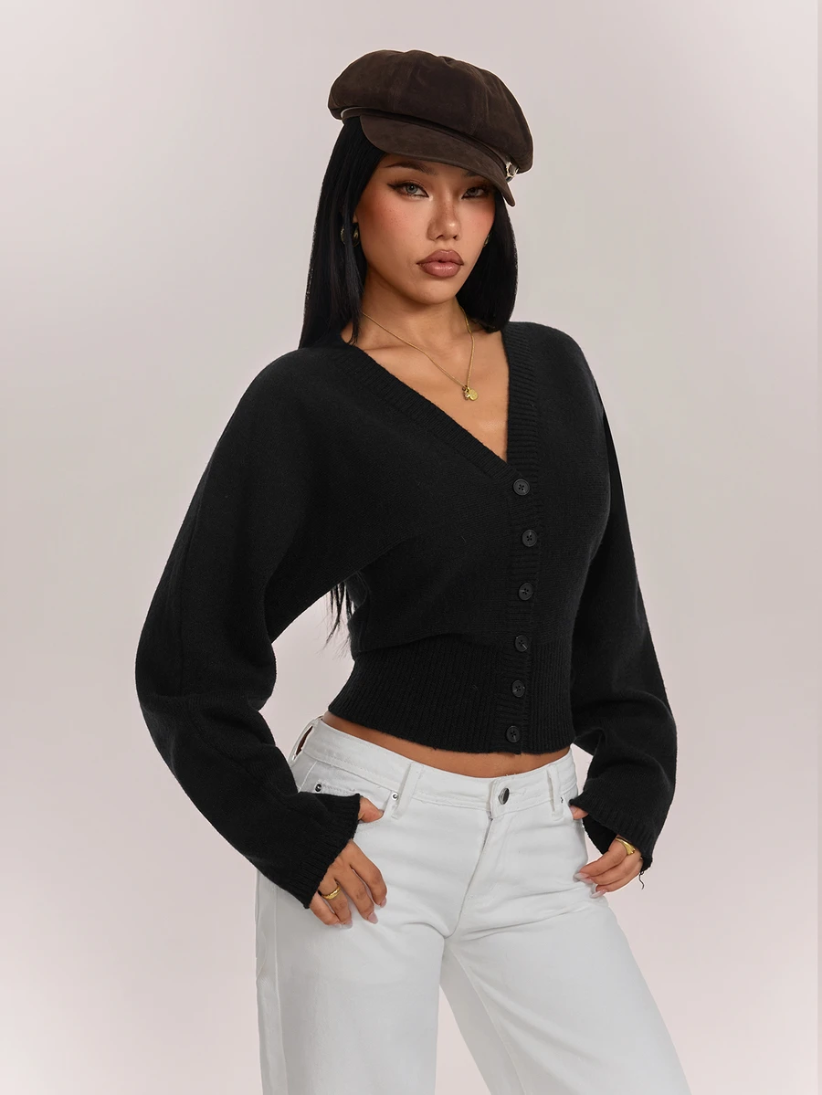 SHEIN PETITE Women's Solid Color Button Fitted Waist Knit Cardigan, Casual Everyday Wear, Autumn/Winter - Black - View 1