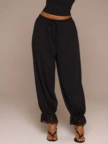 MUSERA ESSENTIALS Black Jersey Lace Trim Hareem Pants Autumn Fall Winter Cute Daily Girly Everyday - Black - View 1