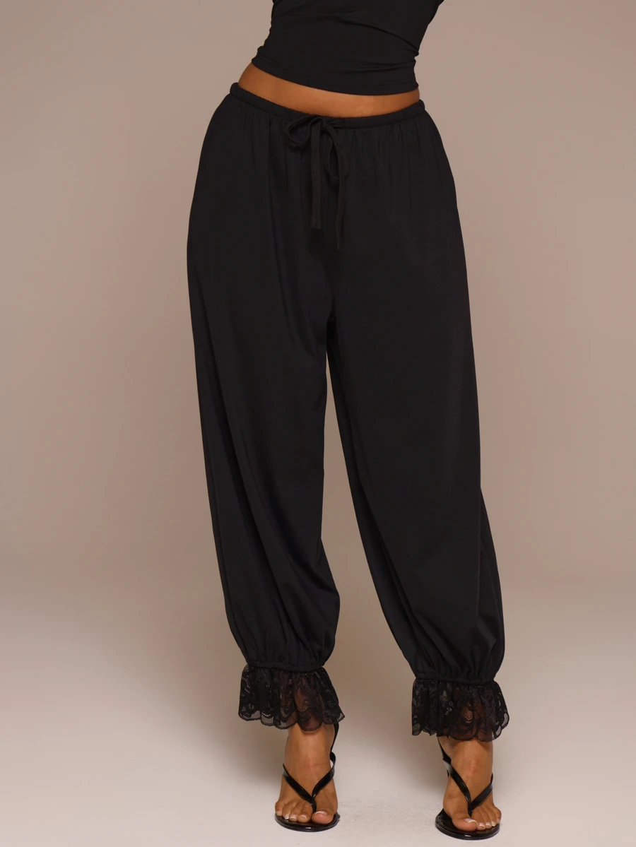 MUSERA ESSENTIALS Black Jersey Lace Trim Hareem Pants Autumn Fall Winter Cute Daily Girly Everyday - Black - View 1