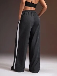 Powerista Women's Drawstring Elastic Waist Double Pocket Side Contrast Stripe Casual Loose Sports Pants - Dark Grey - View 2