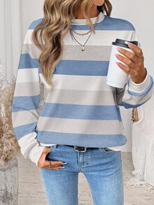 SHEIN LUNE 女款極簡條紋拼接配色長袖運動衫 - 白色 - 查看 5