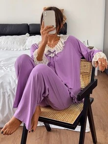 DAZY Women's Contrast Lace Ruffle Long Sleeve Top And Long Pants Pajama Set - Purple - View 6