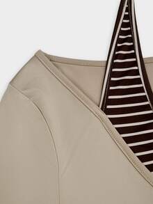 Sweetra Plus Size Casual 2 Pieces Set With Faux Layered T-Shirt And Striped Skirt - Brown - View 12