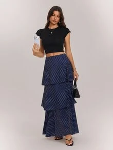 SHEIN Tall Navy Blue Polka-Dot Maxi Skirt With Exaggerated Tiered Ruffles For Tall Women - Navy Blue - View 6