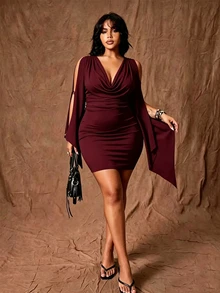 Rustia European Style Draped Cowl Neck Deep V Slit Flutter Sleeve Little Black Dress, Side Ruched Waist Fitted Bodycon Mini Dress, Party Little Black Dress - Burgundy - View 3