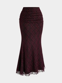 Sweetra Plus Size Women's Lace Patchwork Fashion Versatile Mermaid Skirt - Burgundy - View 3