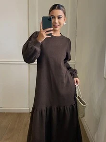 DAZY Autumn/Winter Round Neck Deep Coffee Color Petal Sleeve Loose A-Line Skirt Simple Elegant Commute Daily Women's Mid-Length Dress - Coffee Brown - View 5