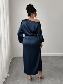 SHEIN Elenzya 女款大尺碼緞面垂領露肩不對稱斜領抓褶收腰緊身A字洋裝 - 藏蓝色 - 查看 2