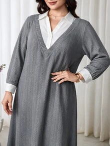 Veilorie Plus Size Women's 2 In 1 Patchwork Casual Everyday Sweatshirt - Grey - View 3