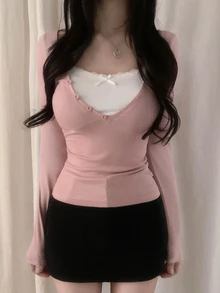DAZY Patchwork Contrast Color 2 In 1 Slim Fit Long Sleeve Casual Vacation Korean Style Girl Spring Autumn Top Women T-Shirt - Pink - View 4