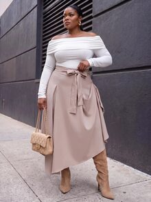 Slaydiva Plus Size Women's Skirt, Khaki Tie Waist Asymmetrical Slit Flowy Midi Skirt Fall - Khaki - View 11