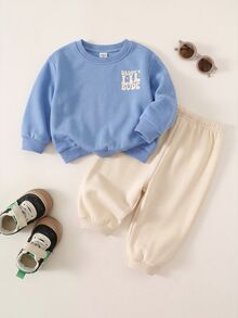 SHEIN 男嬰 2件組秋冬保暖內裡加厚可愛親子標語圖案運動衫套裝，嬰兒冬季服飾，運動套裝，街頭風 - 彩色 - 查看 2