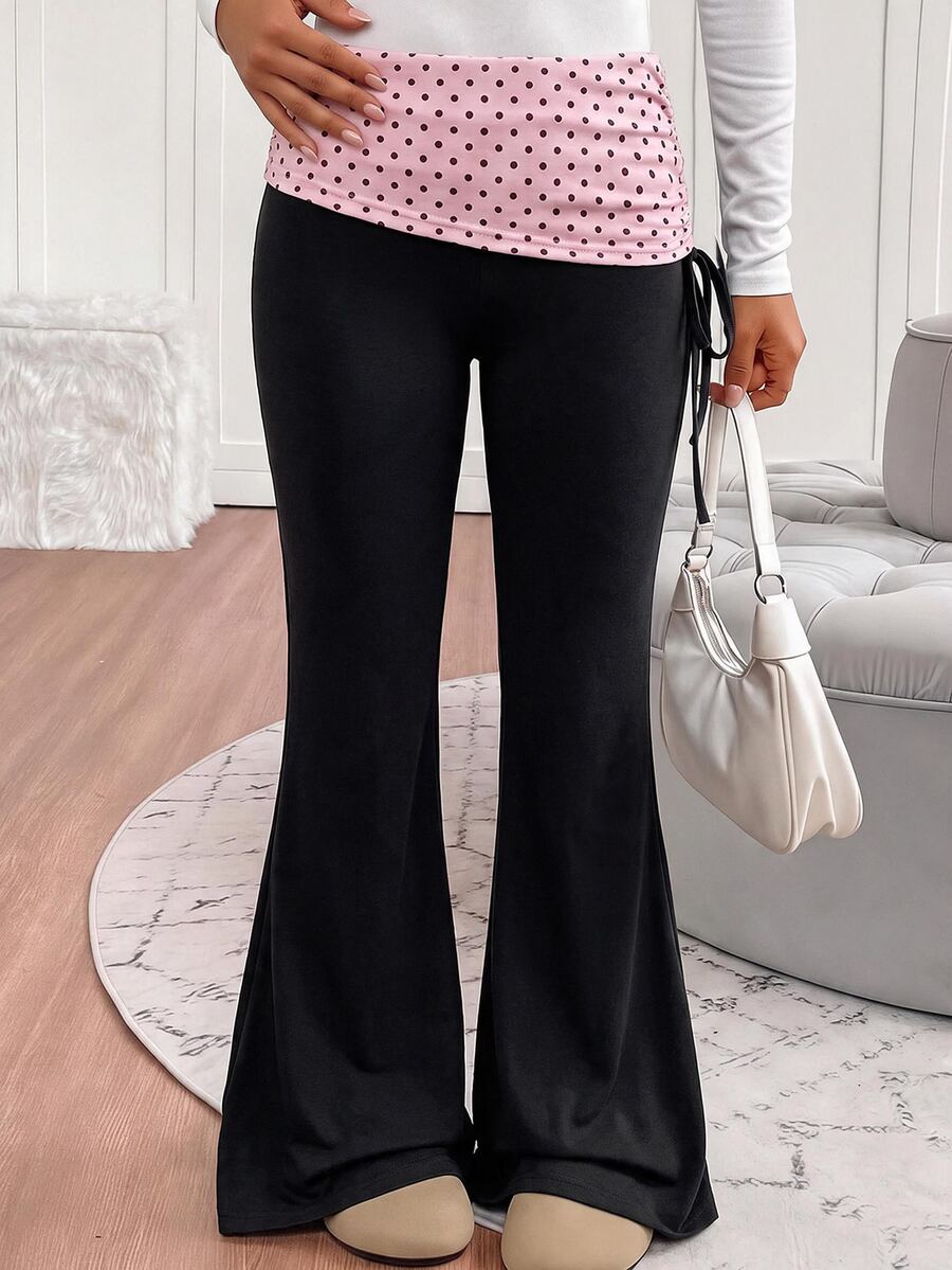 SHEIN Tween Girls Tween Girl Tween Girl Knitted Black Slim Fit Waist Ruched Bow Decor Long Pants - Black - View 1