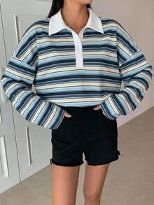 DAZY 女款條紋寬鬆 Polo 領落肩長袖休閒 T 恤 - 藏蓝色 - 查看 6