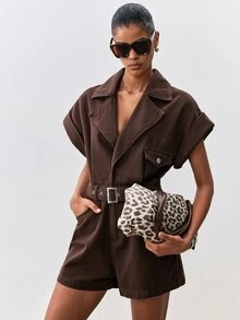 ATUI Studio Women's Bat Sleeve Lapel Neck Pocket Casual Denim Romper - Brown - View 6