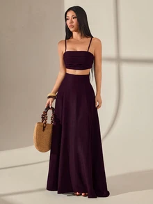 SHEIN PETITE 女款純色短版細肩帶背心上衣與裙子時尚兩件套 - 酒紅色 - 查看 1