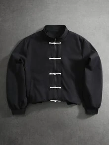 Manfinity Roughcore Men's Jacket With Qipao Button Decor, Urban Renaissance Street Style, Casual Fashion Creative Personalized Streetwear - Black - View 1