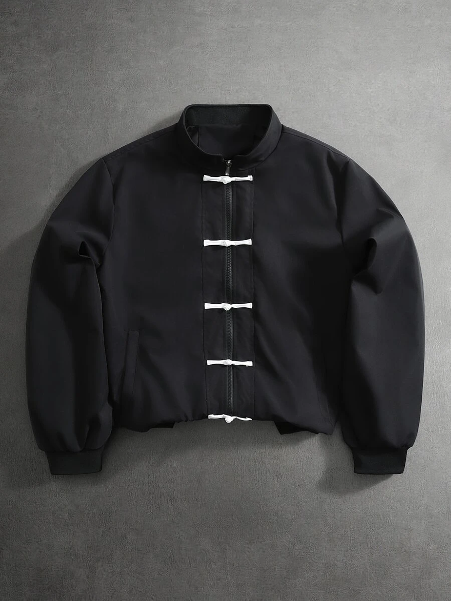 Manfinity Roughcore Men's Jacket With Qipao Button Decor, Urban Renaissance Street Style, Casual Fashion Creative Personalized Streetwear - Black - View 1