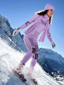 Exploreva Women's Round Neck Slim Fit Long Sleeve Top With Matching Leggings Ski Suit Set - Mauve Purple - View 4