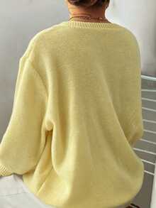 Elenzga Plus Size Women Casual Solid Color Crew Neck Long Sleeve Sweater Fall Winter - Pale Yellow - View 2