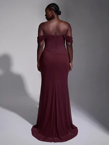 Elitara Plus Size Elegant Romantic Lace Fabric Sweetheart Neckline Short Sleeve Fitted Computer Beaded Craft Pleated Oversized Skirt Suitable For All Formal Occasions Heavy Work Evening Gown - Burgundy - View 2