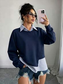Selianne Sweatshirt Kerah Bergaris Linen 2 in 1 Desain Serbaguna Kasual Musim Gugur Awal Terbaru untuk Wanita, Cocok untuk Pakaian Sehari-hari dan Liburan. - Navy Blue - View 2