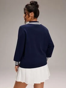 EMERY ROSE Plus Size Women's Comfortable Women's Pullover Long-Sleeved Knit Top Sweater, Navy Blue Base With Striped Turtleneck And Cuffs, Versatile Fall/Winter - Navy Blue - View 7