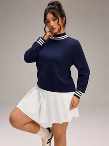EMERY ROSE Plus Size Women's Comfortable Women's Pullover Long-Sleeved Knit Top Sweater, Navy Blue Base With Striped Turtleneck And Cuffs, Versatile Fall/Winter - Navy Blue - View 4