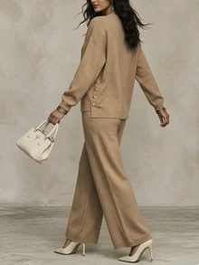 SHEIN Women's Solid Color Crew Neck Pullover & Long Pants Fashion Casual 2 Pieces Set - Camel - View 2
