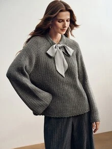 Briarwyn Women's Solid Color Knot Neck Design Long Sleeve Fashion Sweater - Grey - View 4