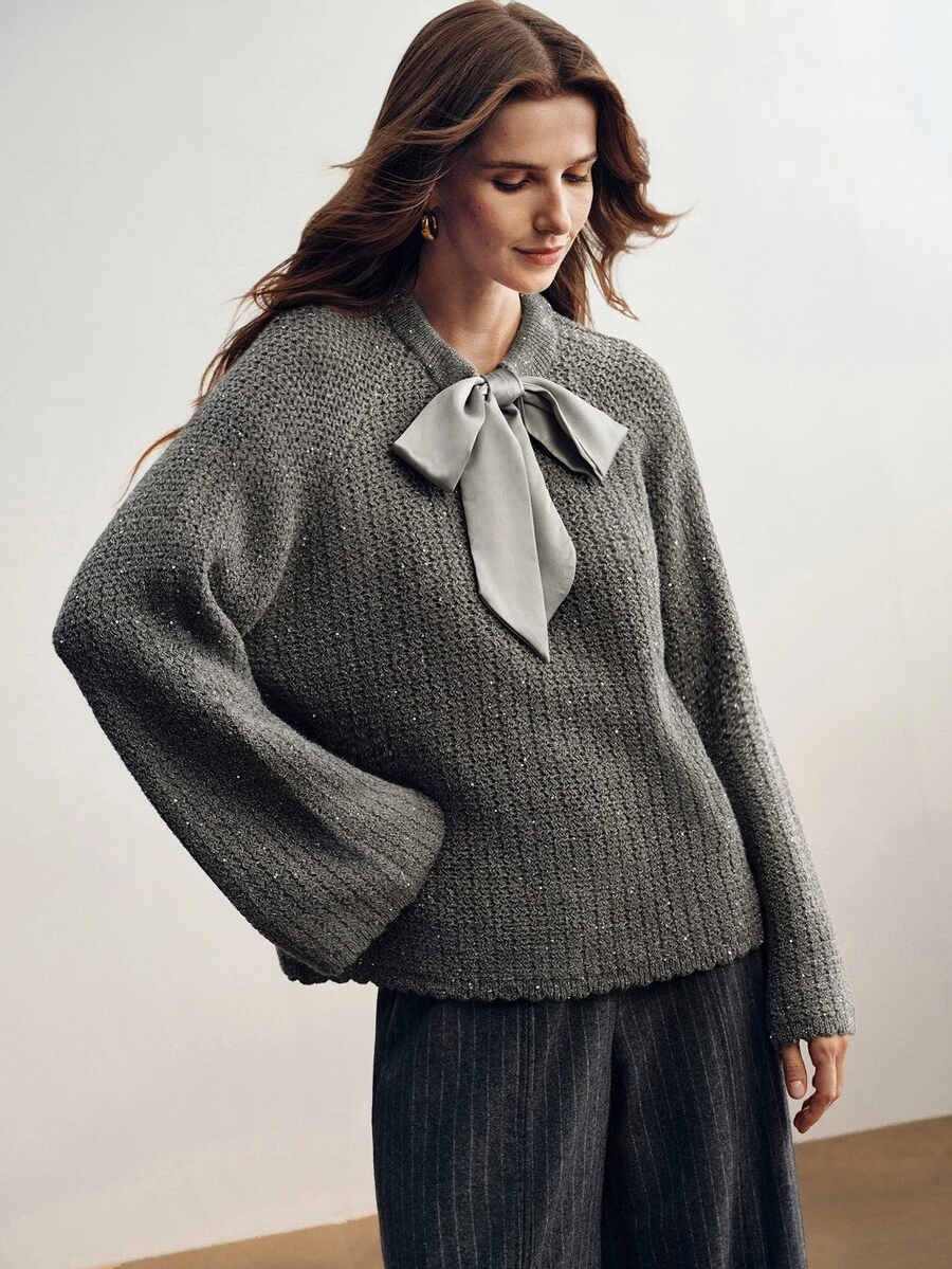 Briarwyn Women's Solid Color Knot Neck Design Long Sleeve Fashion Sweater - Grey - View 1