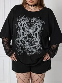 SHEIN CURVE+ 女款大尺碼秋季街頭休閒嬉皮學院龐克哥德風純棉印花寬鬆2合1蕾絲黑色長袖T恤，萬聖節裝扮適用5XL-8XL - 黑色 - 查看 6