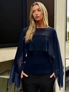 Aloruh 女款純色船領不對稱設計優雅襯衫 - 藏蓝色 - 查看 7