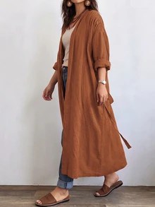 Linhara CURVE 女款長版休閒亞麻外套，適合外出與通勤的休閒外衣 - 珊瑚橙 - 查看 5