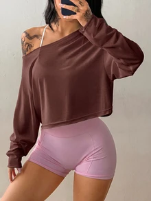 Coolane Women's Solid Color Asymmetrical Shoulder Casual Daily Long Sleeve T-Shirt - Brown - View 3