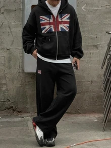 DAZY Autumn/Winter Thermal-Lined Black Flag Pattern Letter Print Men's Hoodie Sweatshirt Set With Elastic Waist Straight Leg Sweatpants - Black - View 4