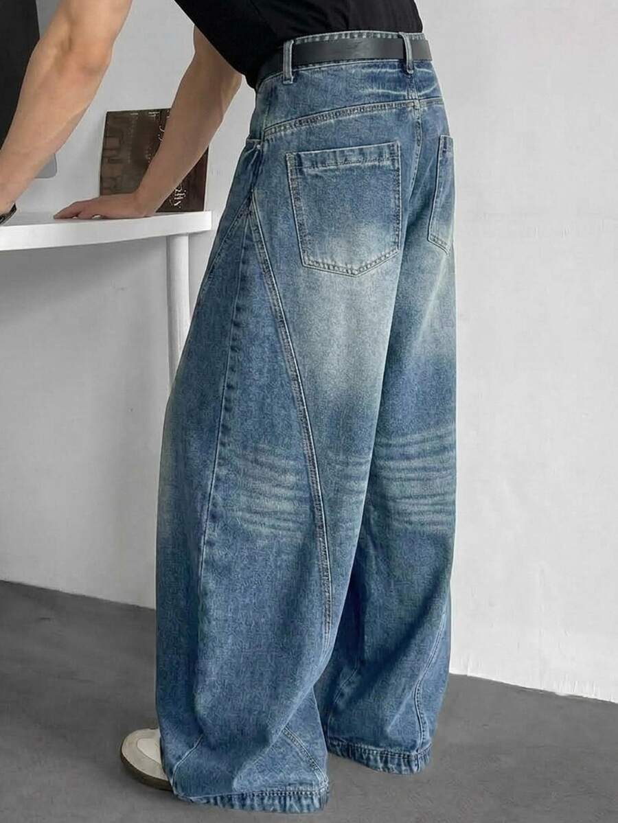 DAZY Celana Jeans Pria Model Lebar dengan Potongan Melengkung, Warna Biru Pudar, dan Efek Usang, Cocok untuk Musim Semi/Gugur - Biru - View 1