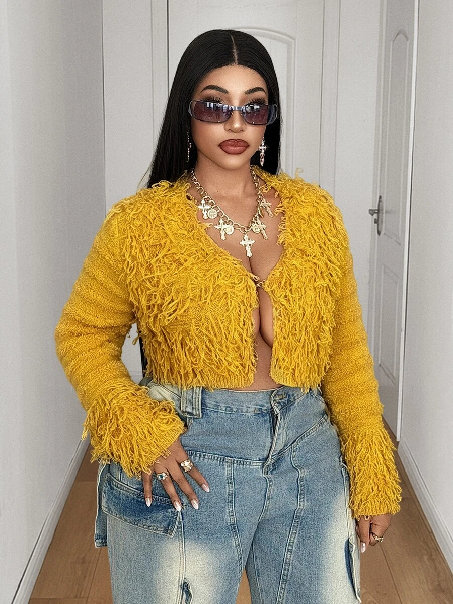 Maweii Sexy,Yellow,Tassel Decoration,Elegant/Fashionable,Party,Long-Sleeved Cardigan,Women's Coat,Autumn/Winter,Christmas, Plus Size Women's Knit Cardigan - Yellow - View 1